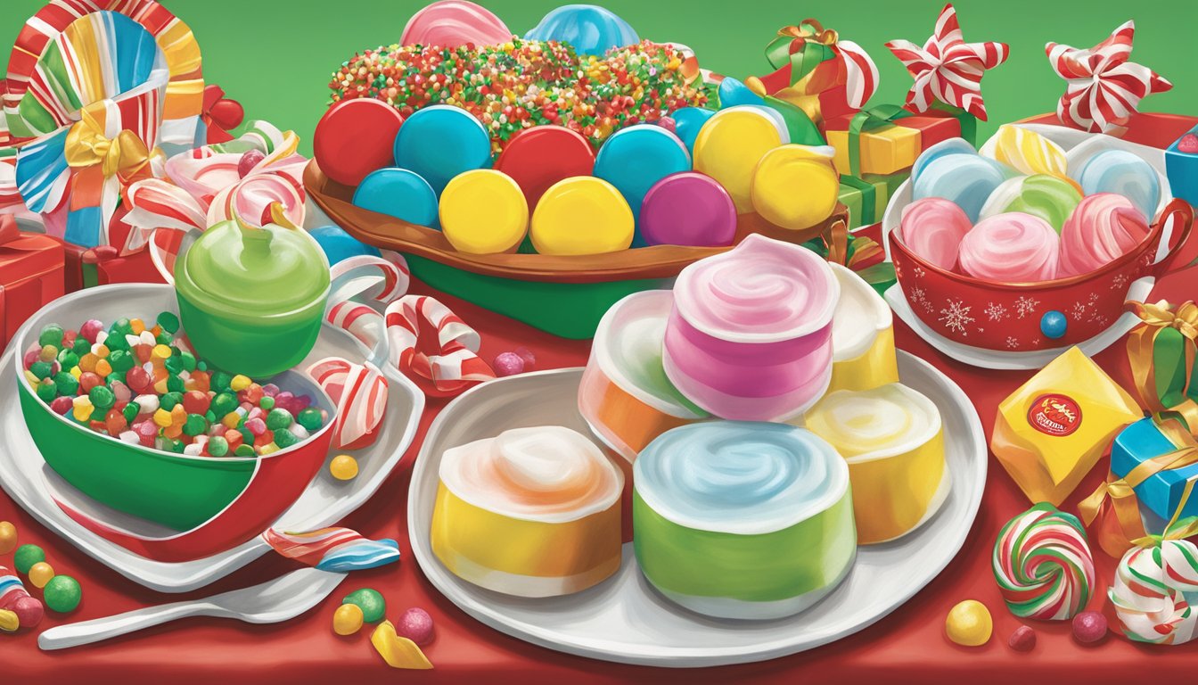 A colorful display of Buc-ee's Saltwater Taffy and other stocking stuffer products arranged on a festive holiday-themed table