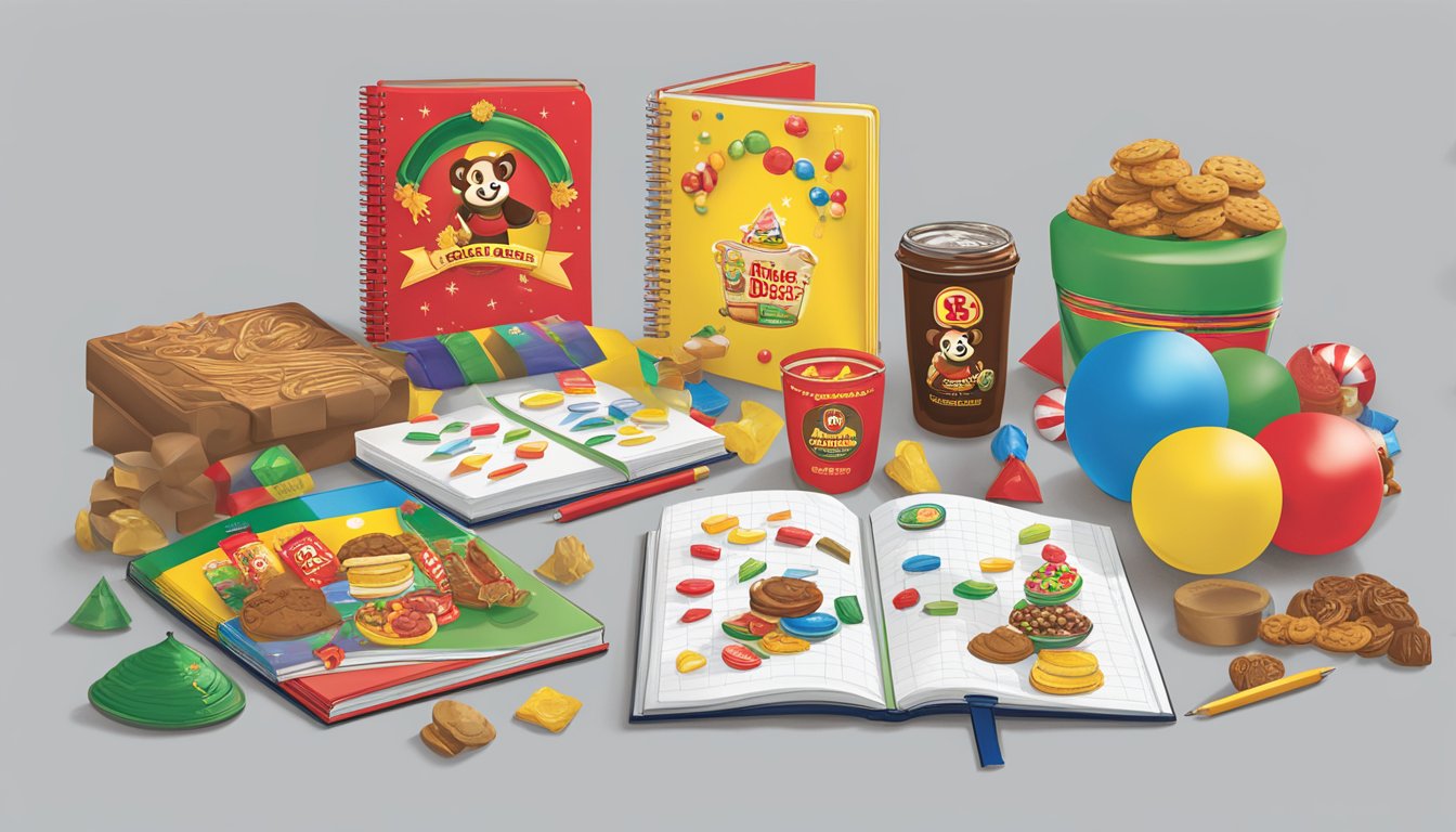 A festive display of Buc-ee's products arranged on a tabletop with a variety of notebooks and stocking stuffer items