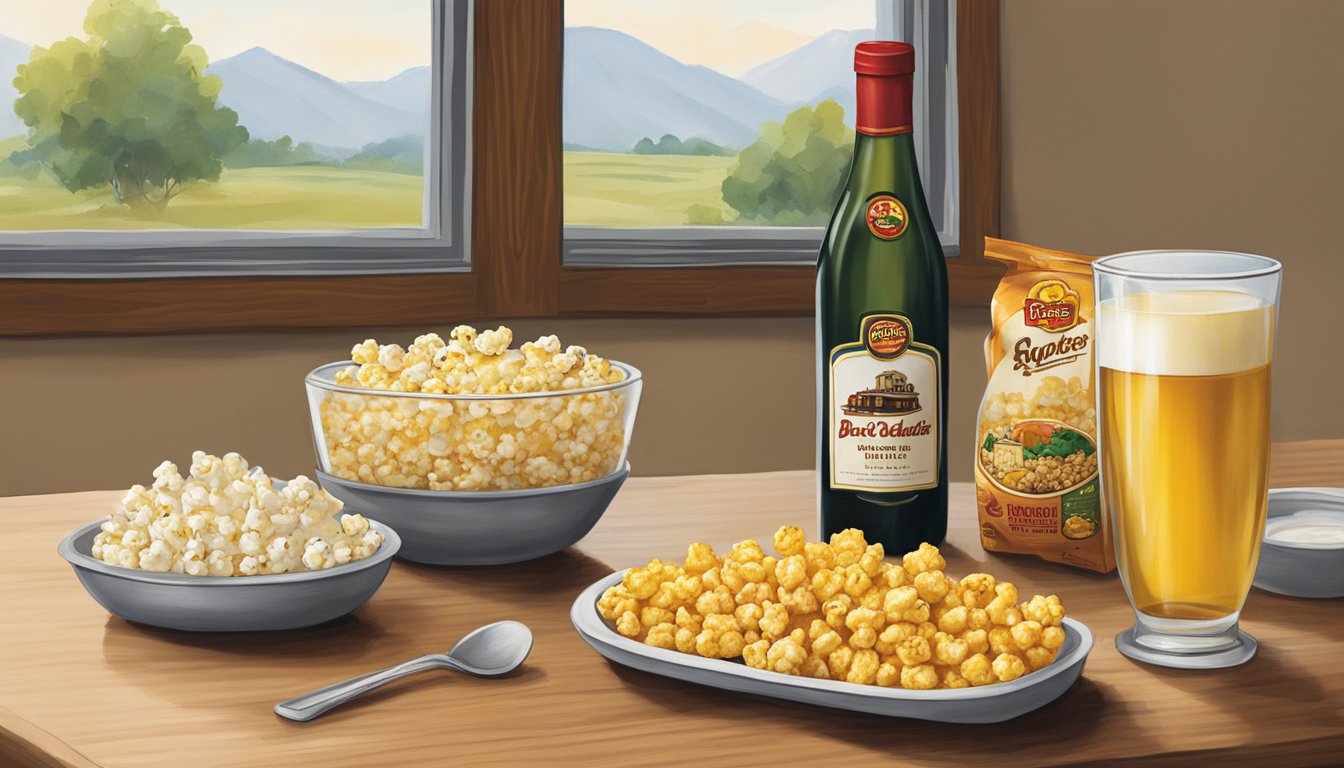 A table set with a glass of wine and a bowl of white cheddar popcorn, surrounded by Buc-ee's snacks