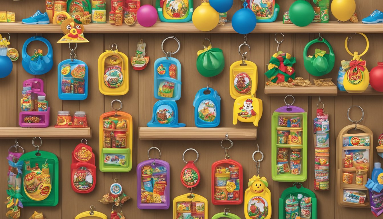 A colorful display of Buc-ee's keychains arranged on a shelf, surrounded by other Buc-ee's products, with a festive stocking in the background