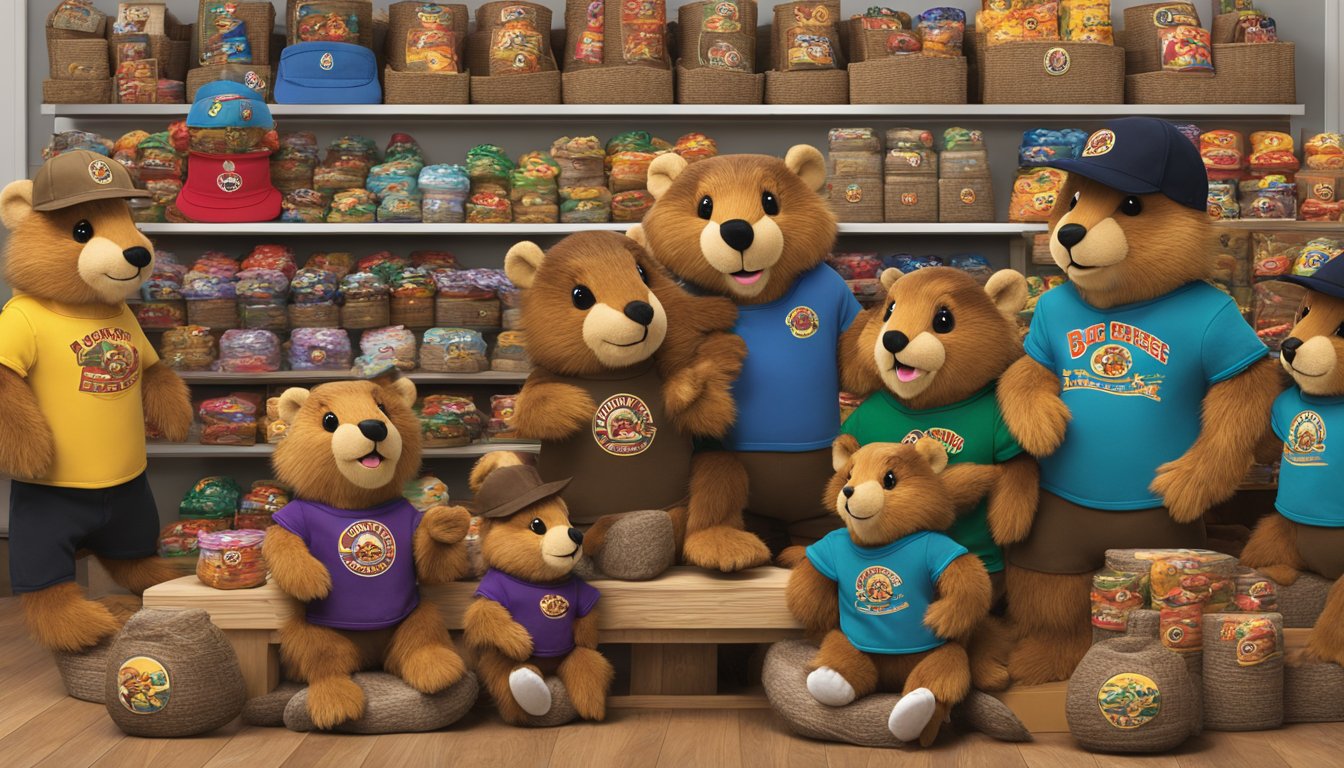 A collection of Buc-ee's plush beavers arranged in a display, with various sizes and colors, surrounded by Buc-ee's merchandise