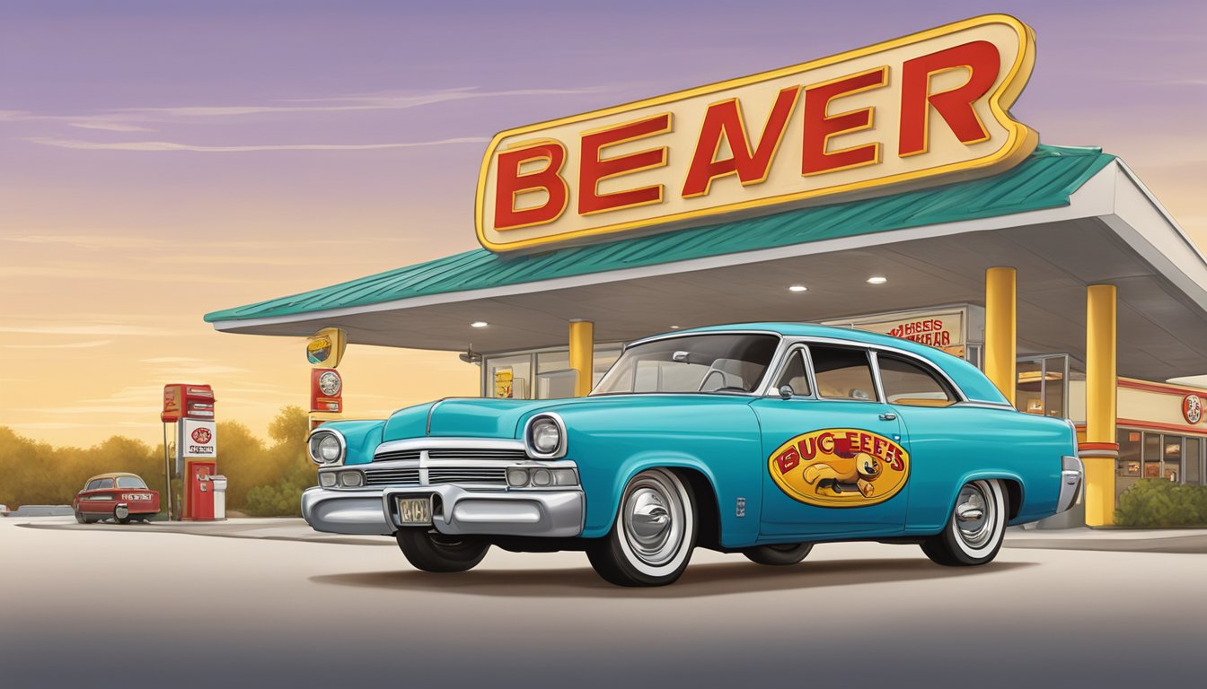 A car with a Buc-ee's bumper sticker parked in front of the iconic beaver mascot sign at a busy gas station