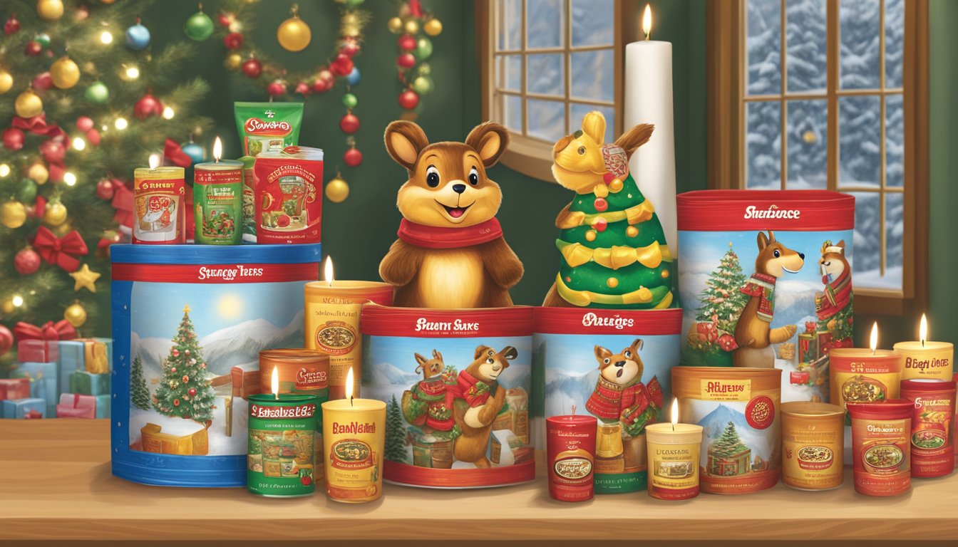 A festive display of Buc-ee's scented candles and stocking stuffer products