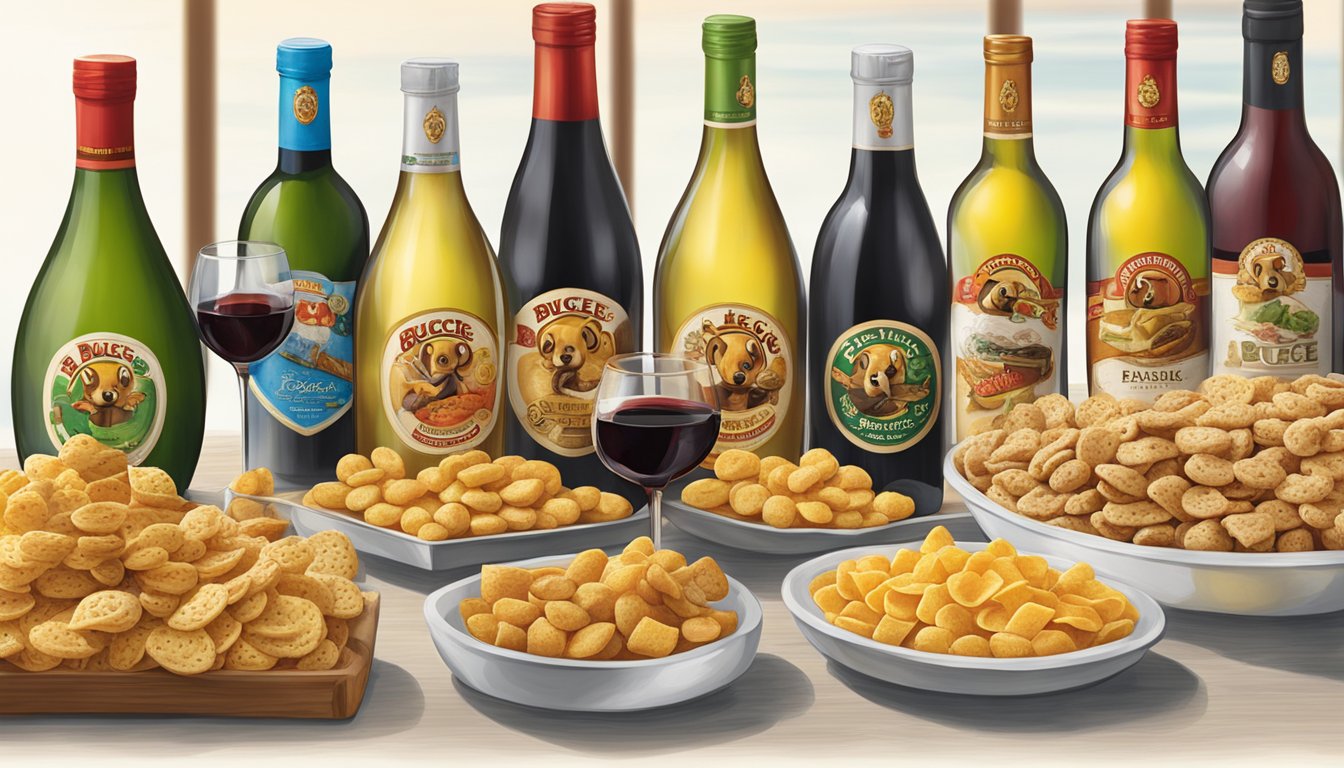 A table set with a variety of Buc-ee's snacks, alongside different types of wine bottles and glasses