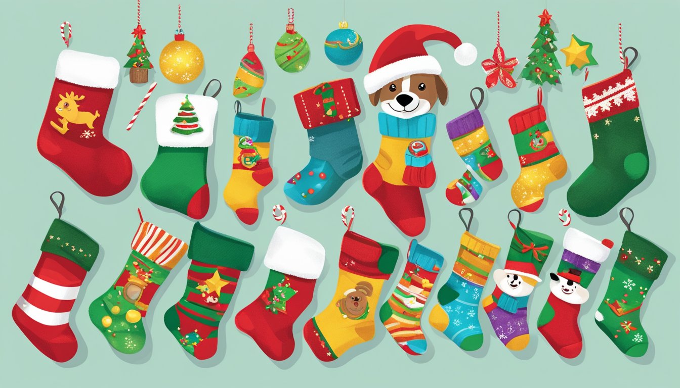 A festive display of Buc-ee's Christmas socks and other stocking stuffer products arranged on a holiday-themed background with cheerful decorations