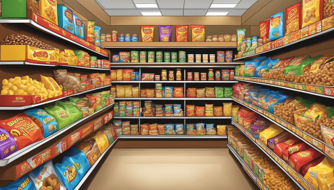 A colorful display of Buc-ee's snacks arranged on shelves, with various types of chips, nuts, and candies, creating an inviting and appetizing scene