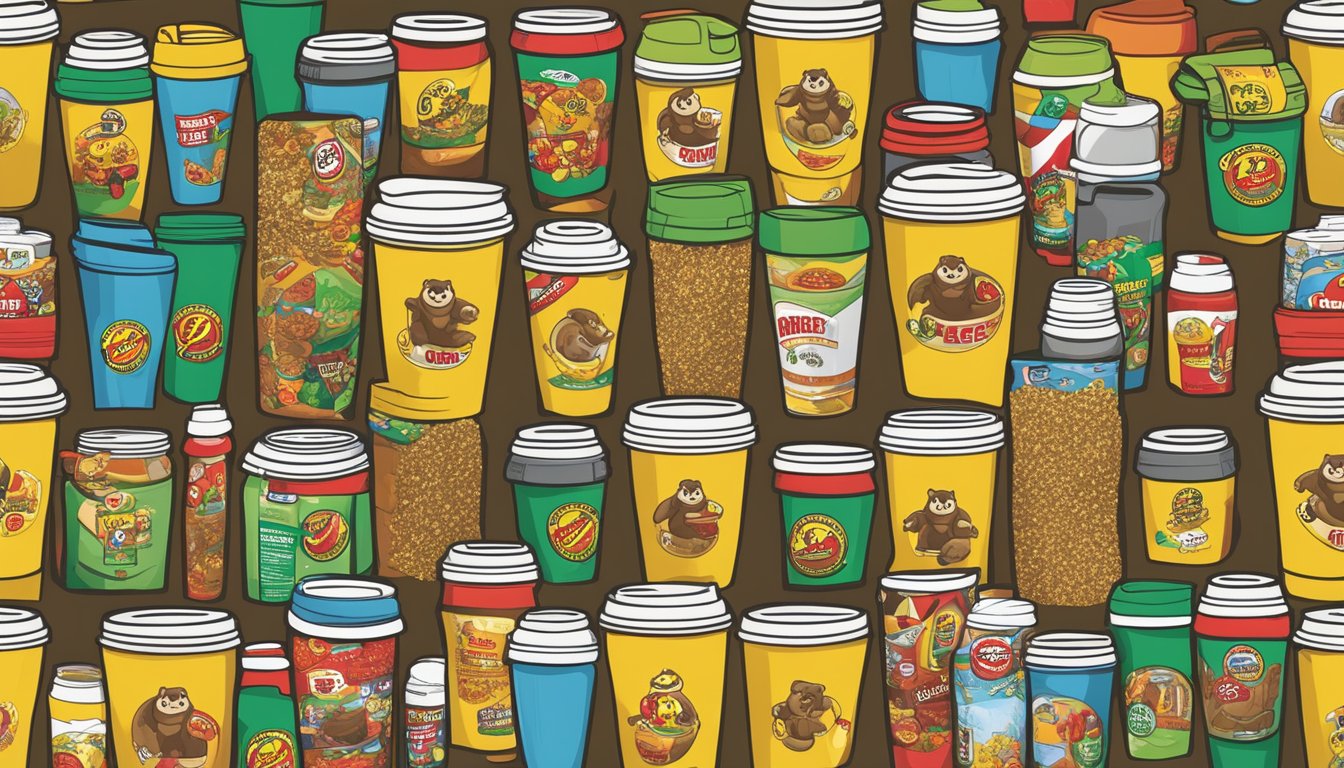 A Buc-ee's travel mug surrounded by 11 Buc-ee's products arranged as stocking stuffers