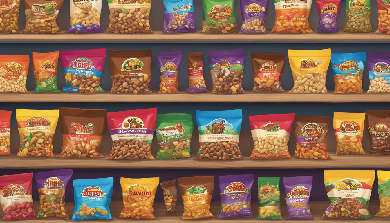 A colorful display of Buc-ee's Trail Mix and other products arranged on a festive stocking stuffer shelf