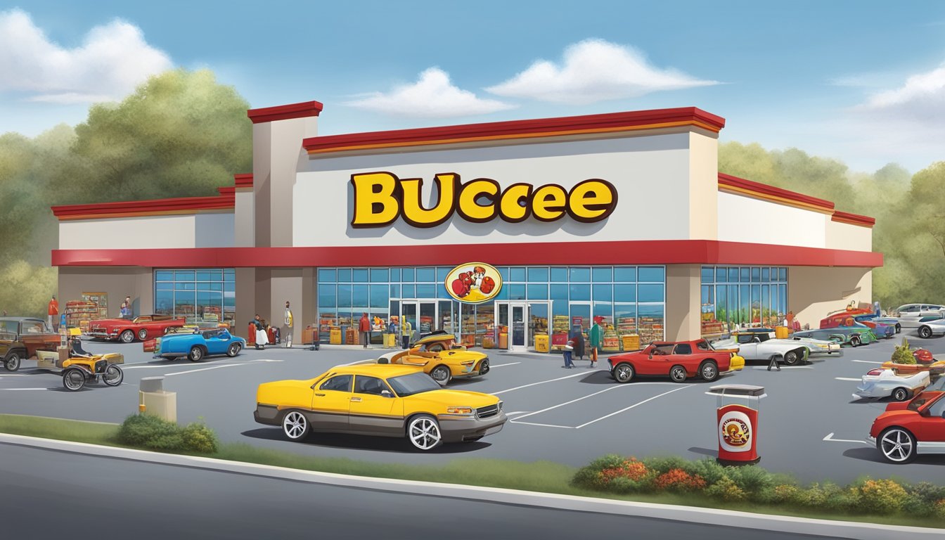 A bustling Buc-ee's travel center with a towering beaver mascot, fuel pumps, and a massive store filled with snacks and merchandise