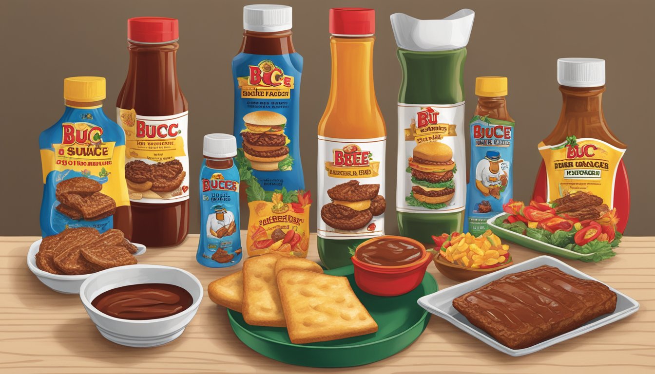 A table with various Buc-ee's products, including BBQ sauce, arranged as potential stocking stuffers