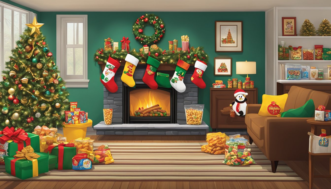 A festive holiday stocking filled with various Buc-ee's products, such as snacks, candies, and souvenirs, arranged in a cozy living room setting with a fireplace and Christmas decorations