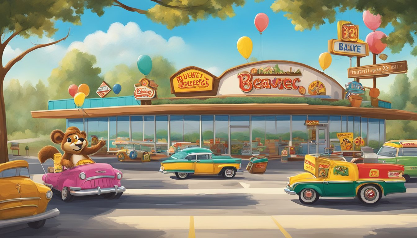 A colorful road trip scene with a car, highway, and Buc-ee's themed decor, including the iconic beaver mascot and various signs and symbols