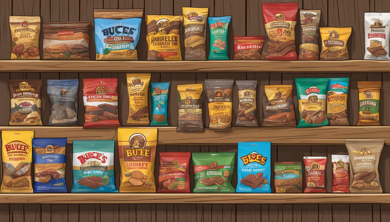 A rustic, wooden display shelf filled with packages of Buc-ee's Hill Country Turkey Jerky and other assorted Buc-ee's items