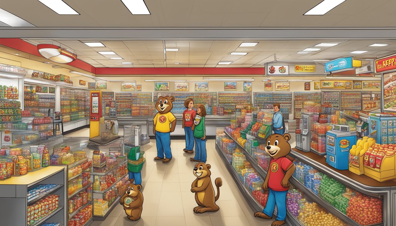 A bustling Buc-ee's store with a towering beaver mascot, rows of gas pumps, and a line of eager customers