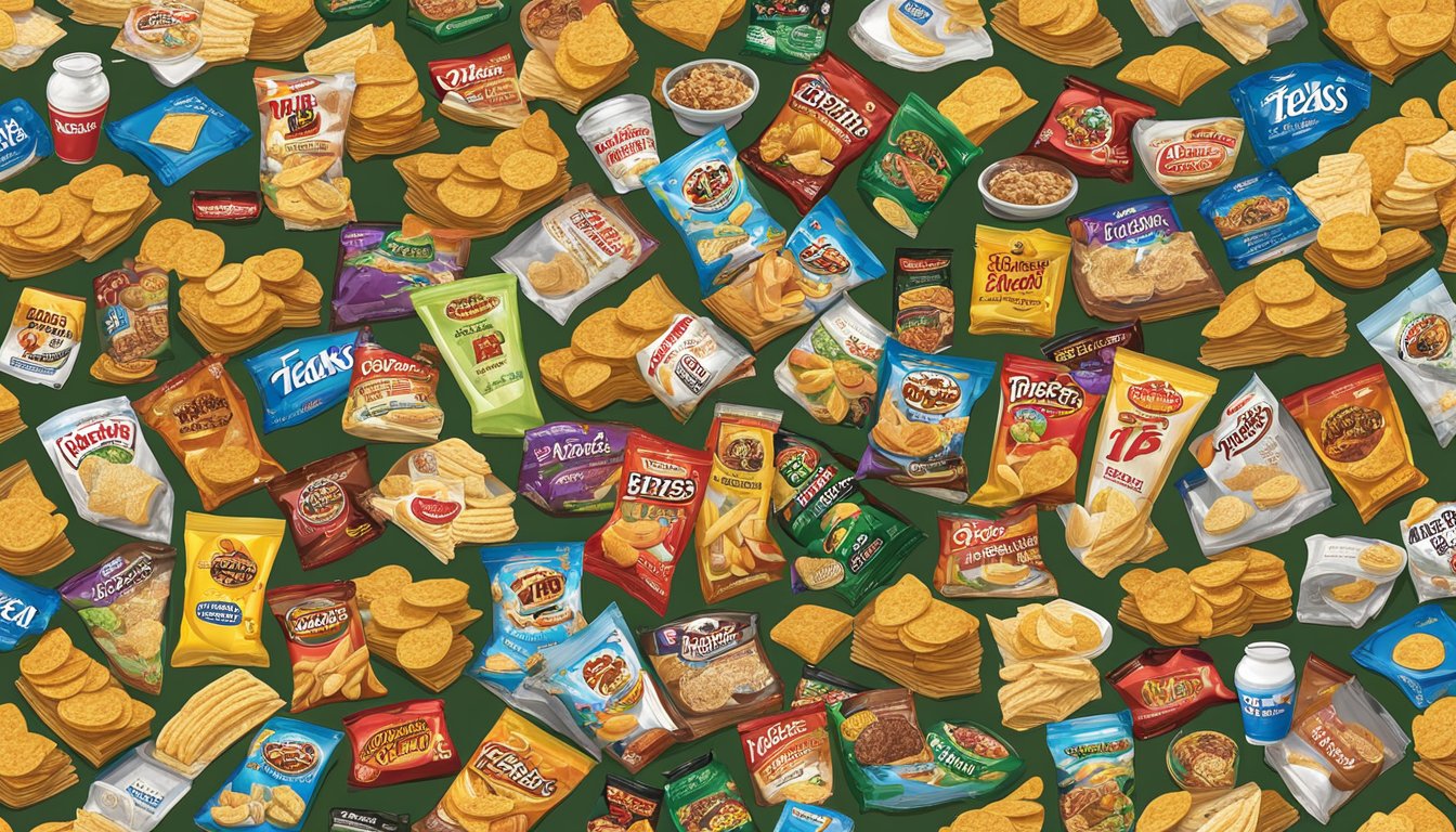 A large display of Texas-shaped chips surrounded by various Buc-ee's branded items, including snacks, drinks, and souvenirs