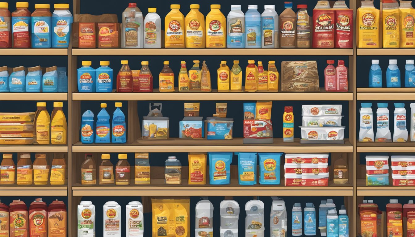 A variety of Buc-ee's jerky packs, water bottles, and other emergency kit items neatly arranged on a shelf