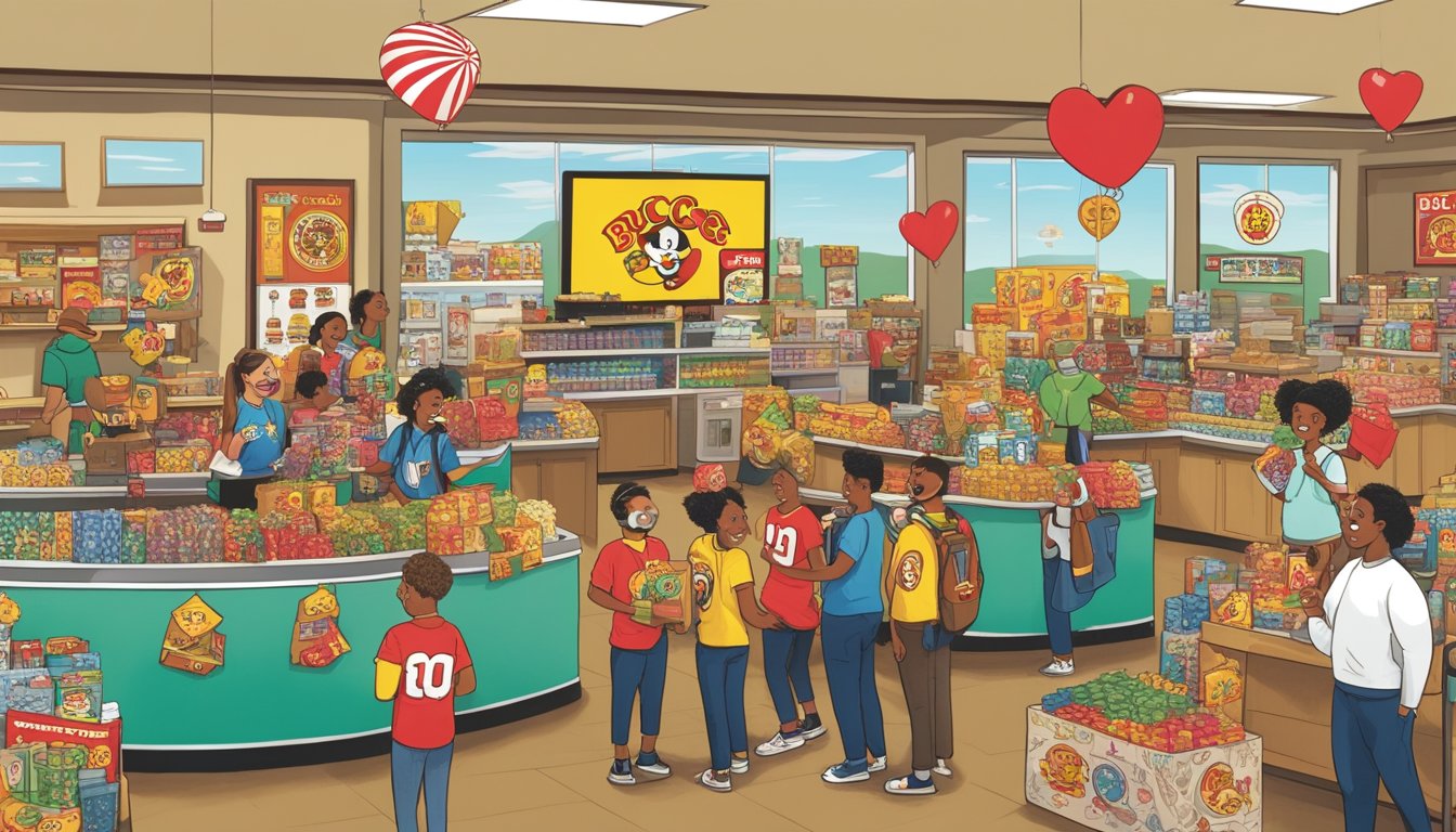 A group of friends eagerly receive Buc-ee's merchandise as a gift, surrounded by various Buc-ee's branded items and signs showcasing their love for the iconic store