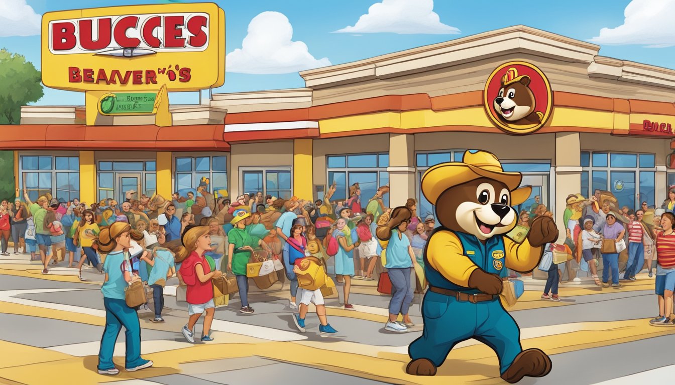 A bustling Buc-ee's store with iconic beaver mascot, fuel pumps, and a line of enthusiastic fans eagerly entering the store