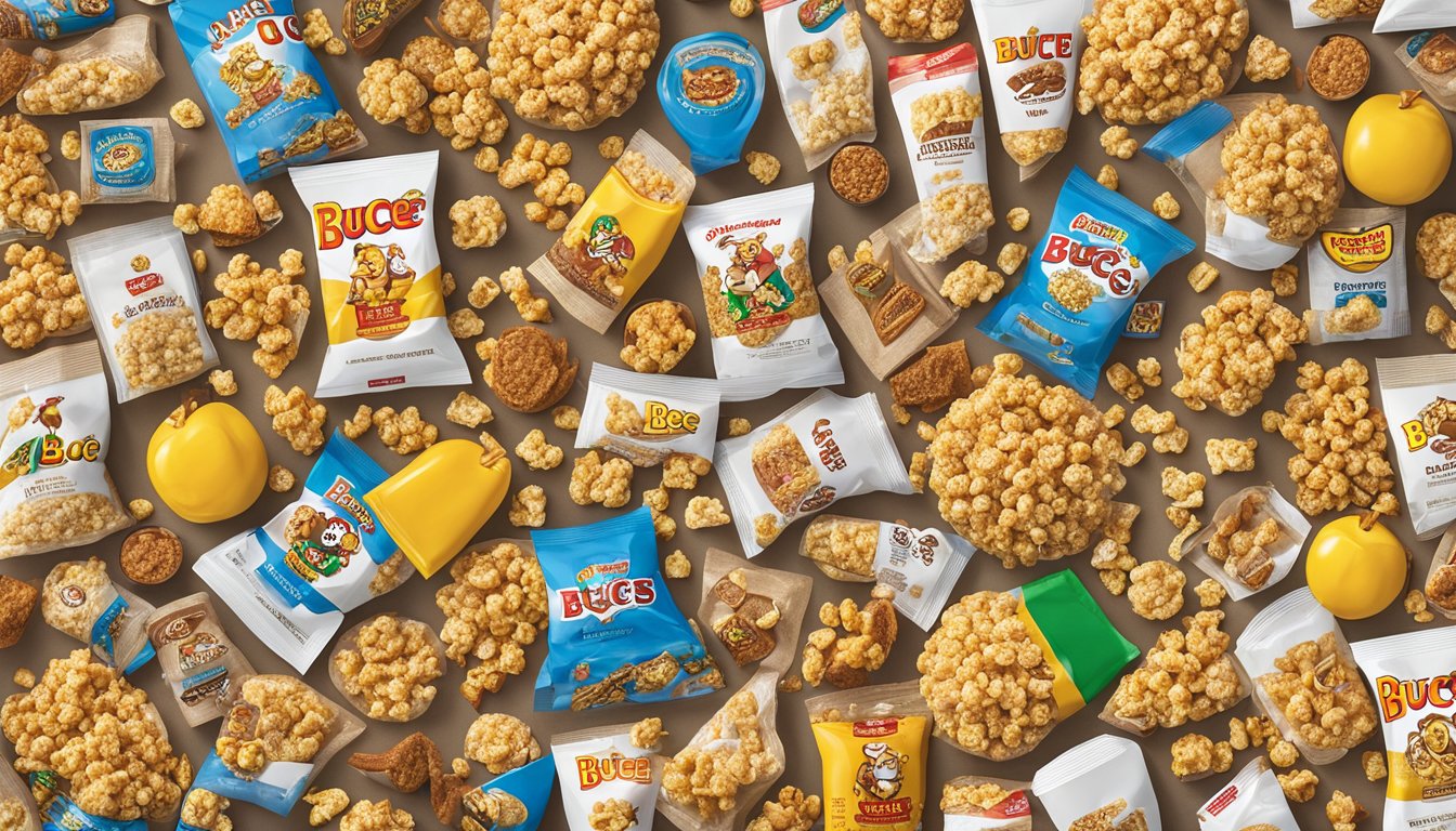 A large bag of Buc-ee's caramel corn surrounded by 25 various Buc-ee's items, such as snacks, souvenirs, and other merchandise, displayed on a clean, white surface