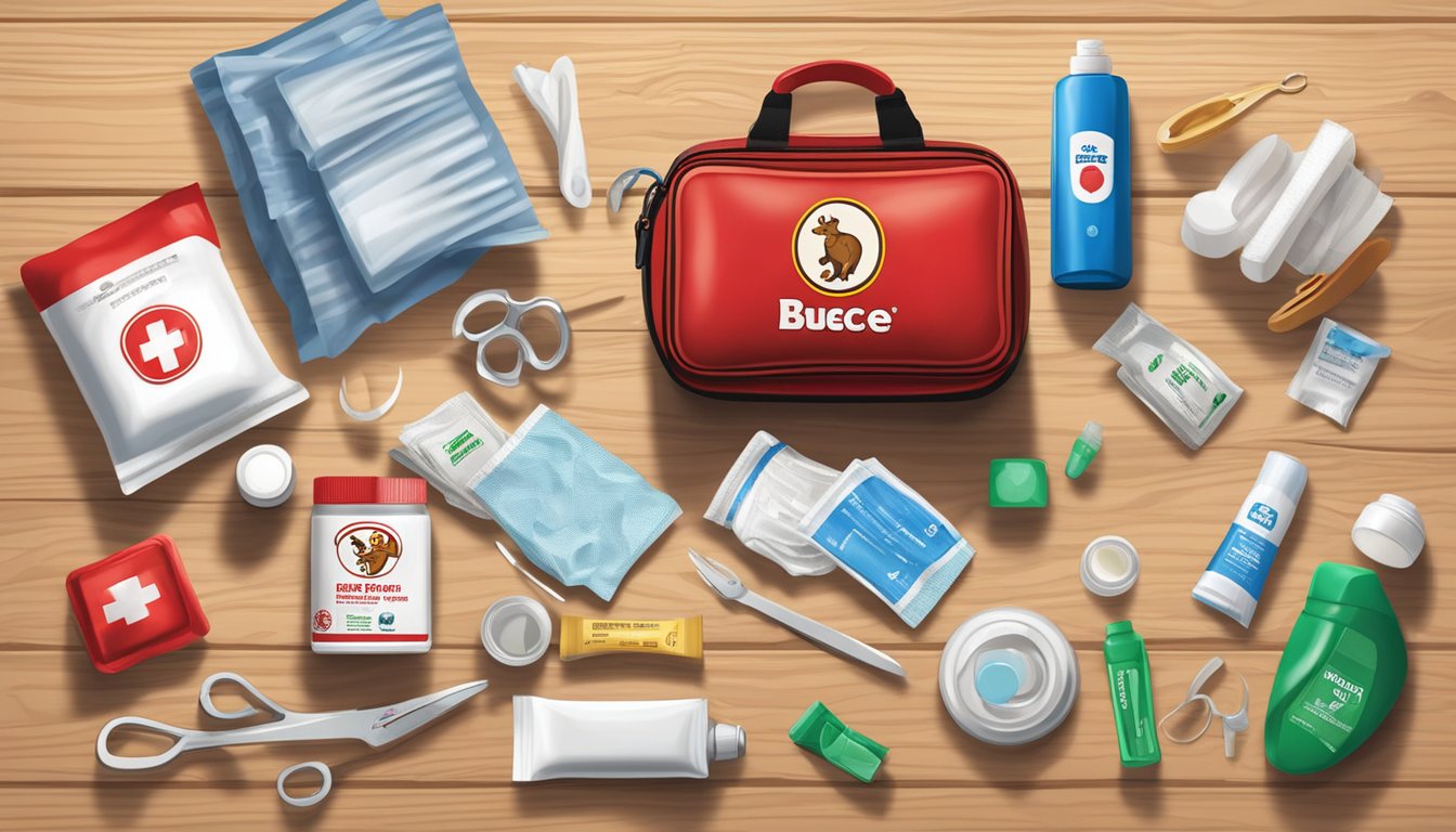 A red and white Buc-ee's First Aid Kit open on a wooden table, with various emergency items spilling out, including bandages, scissors, and antiseptic wipes