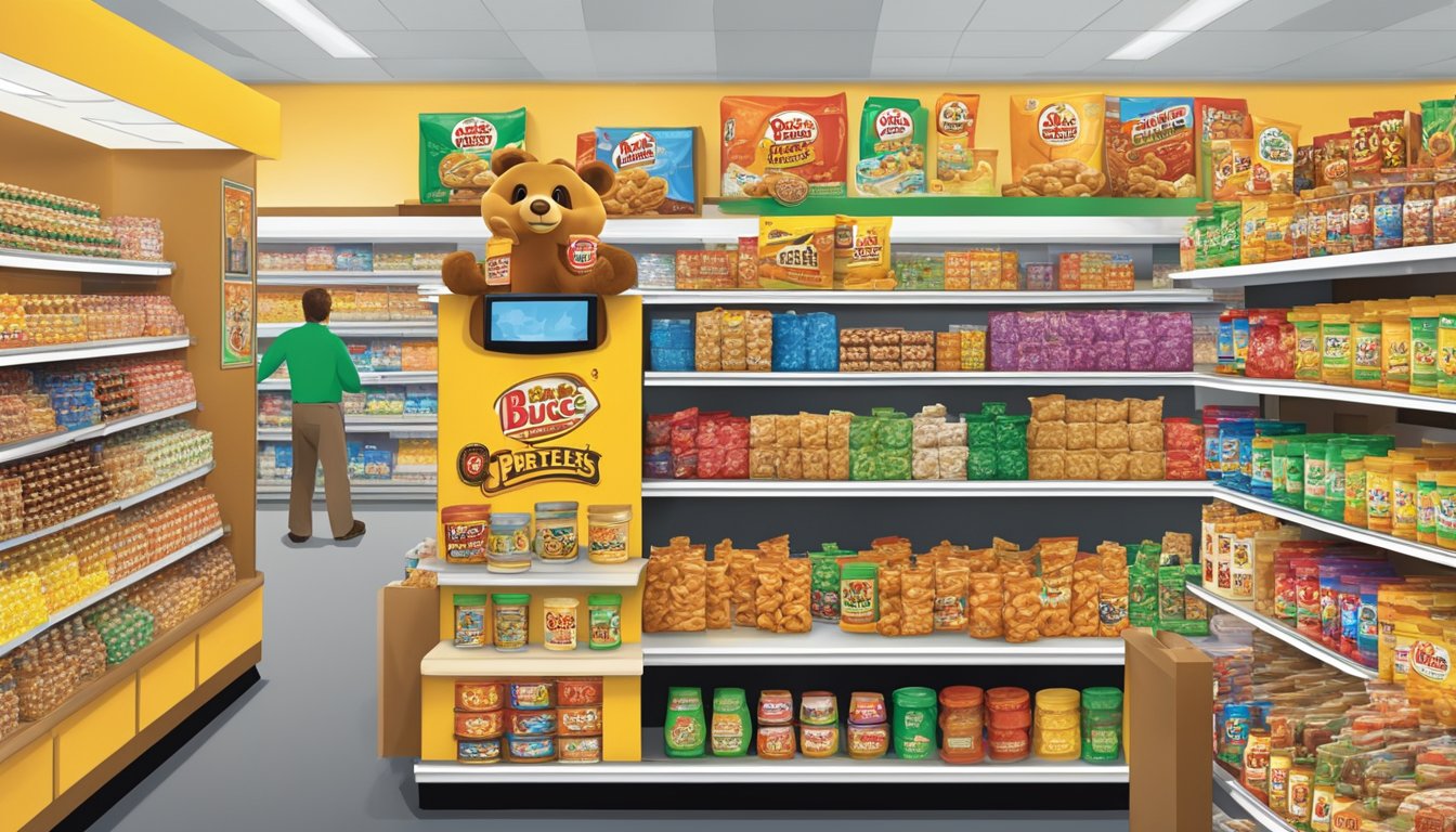 A colorful display of Buc-ee's Peanut Butter Pretzels and other novelty items on shelves in a bright, bustling convenience store