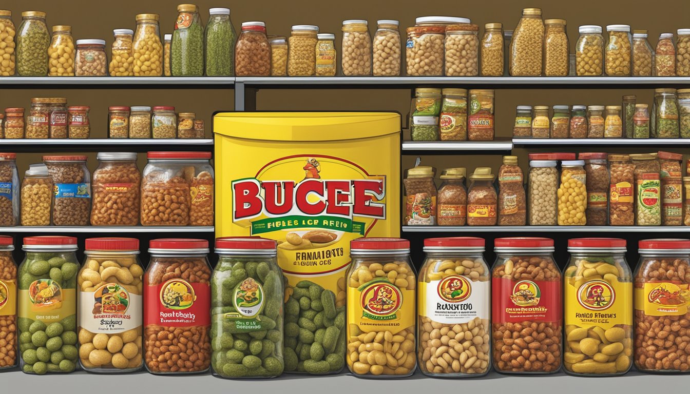 A large jar of Buc-ee's Spicy Pickle Flavored Peanuts surrounded by other Buc-ee's merchandise on a convenience store shelf