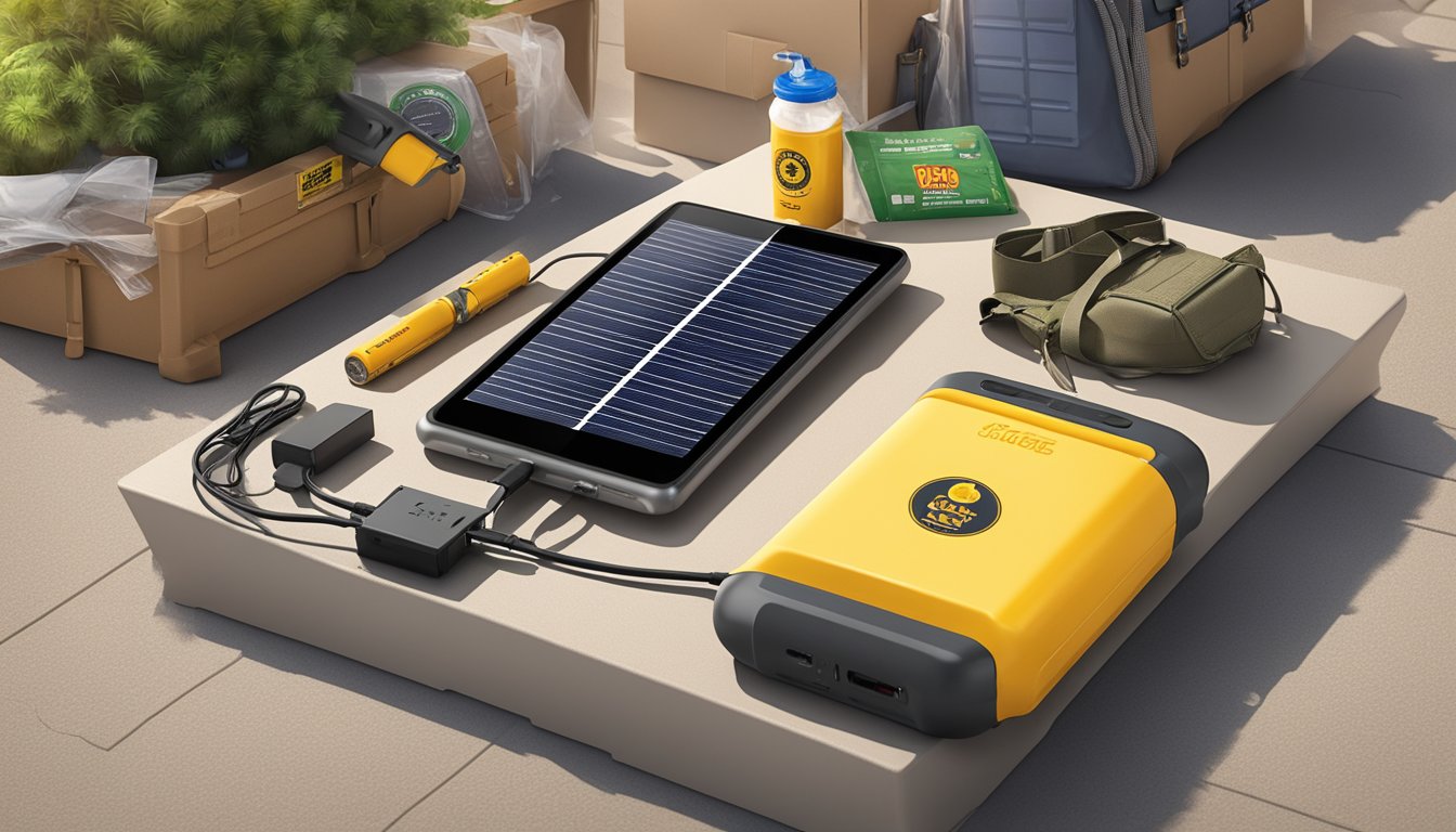 A solar charger surrounded by emergency kit items at Buc-ee's