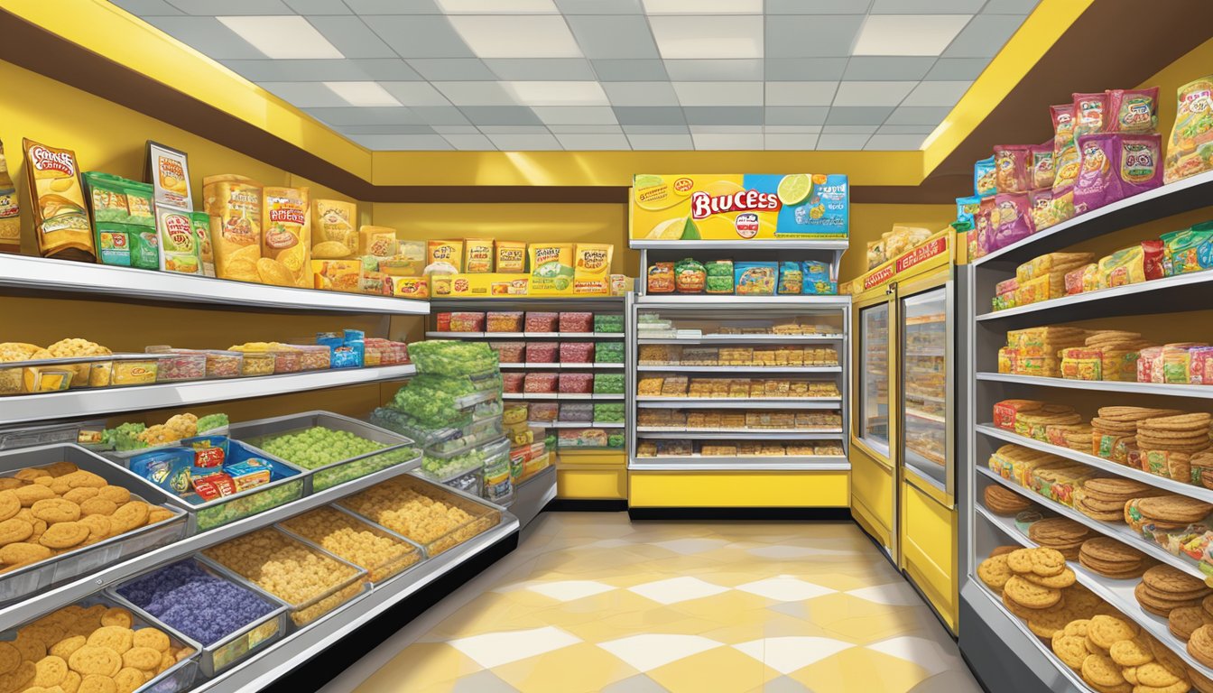 A colorful display of Buc-ee's Lemon Crisp Cookies and other items on shelves in a bustling convenience store