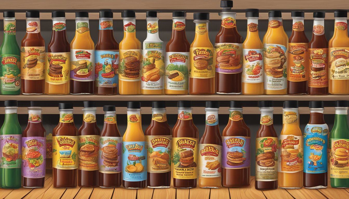 A comical array of Buc-ee's BBQ sauce bottles displayed with whimsical product names