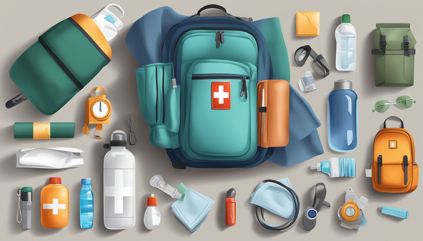 A cozy travel blanket surrounded by 13 essential emergency items, such as a first aid kit, flashlight, and water bottle