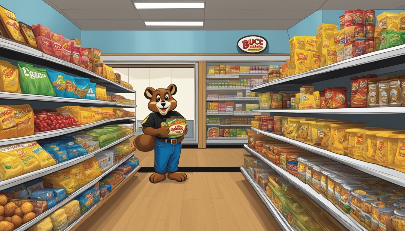 A display of comical Buc-ee's products arranged on shelves with a beaver mascot in the background