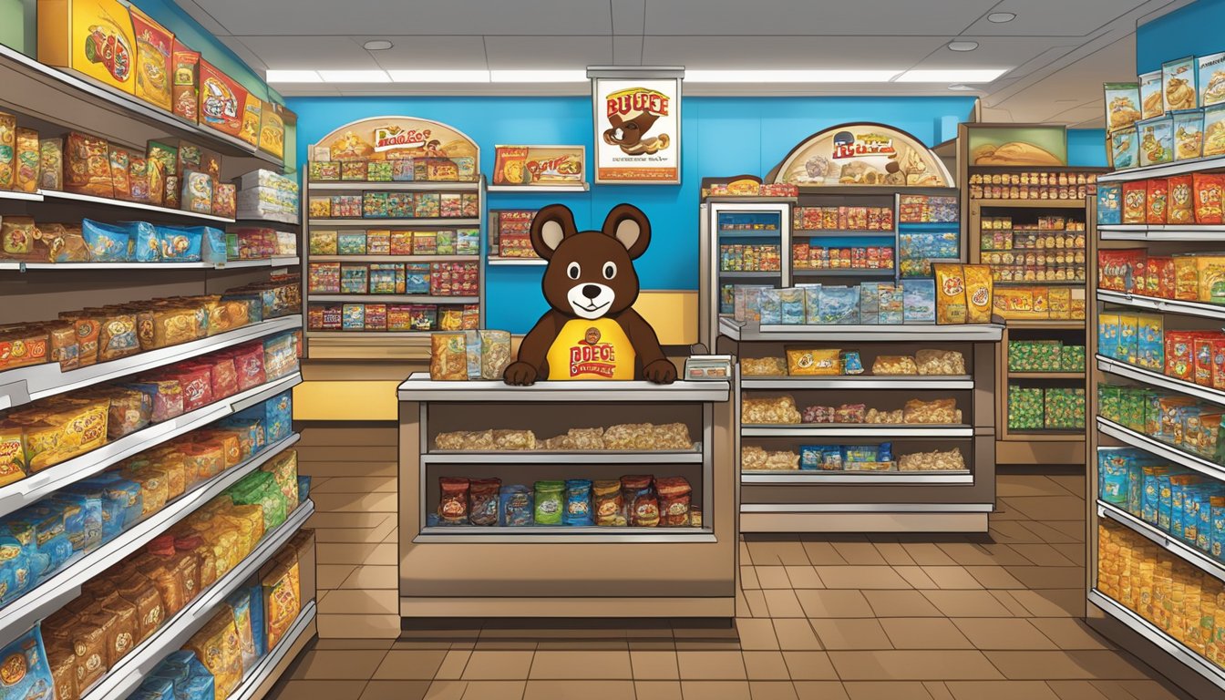 A display of Buc-ee's Sea Salt Dark Chocolate and other novelty items arranged on shelves in a well-lit convenience store