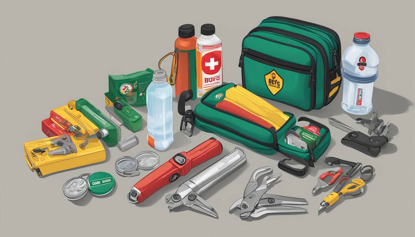 A multitool surrounded by emergency items such as a flashlight, first aid kit, and water bottle, all branded with the Buc-ee's logo