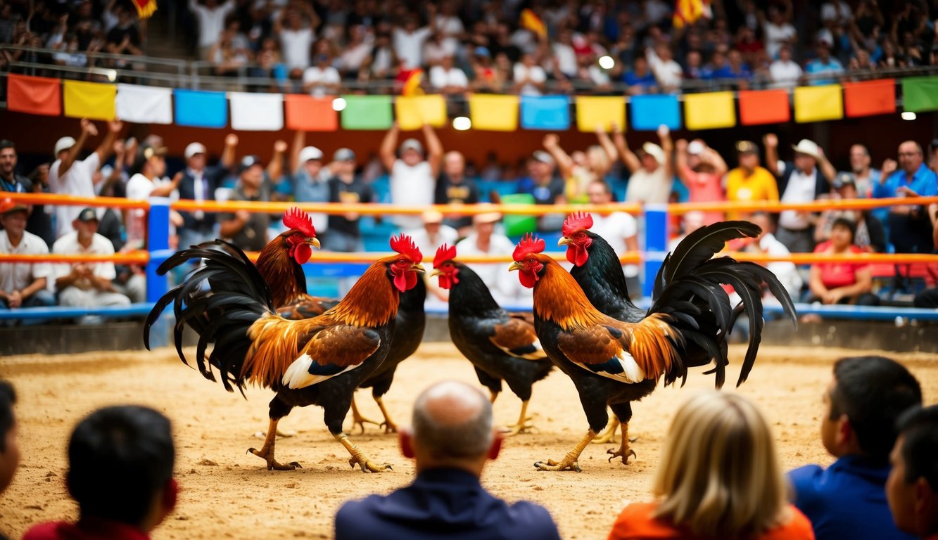 Sebuah arena yang ramai dengan ayam jantan bertarung, dikelilingi oleh penonton yang bersorak-sorai dan spanduk berwarna-warni