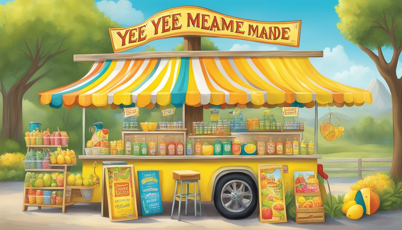 A colorful lemonade stand surrounded by playful, whimsical product names like "Yee-Haw Lemonade" and "20 Funniest Buc-ee's" on vibrant signs