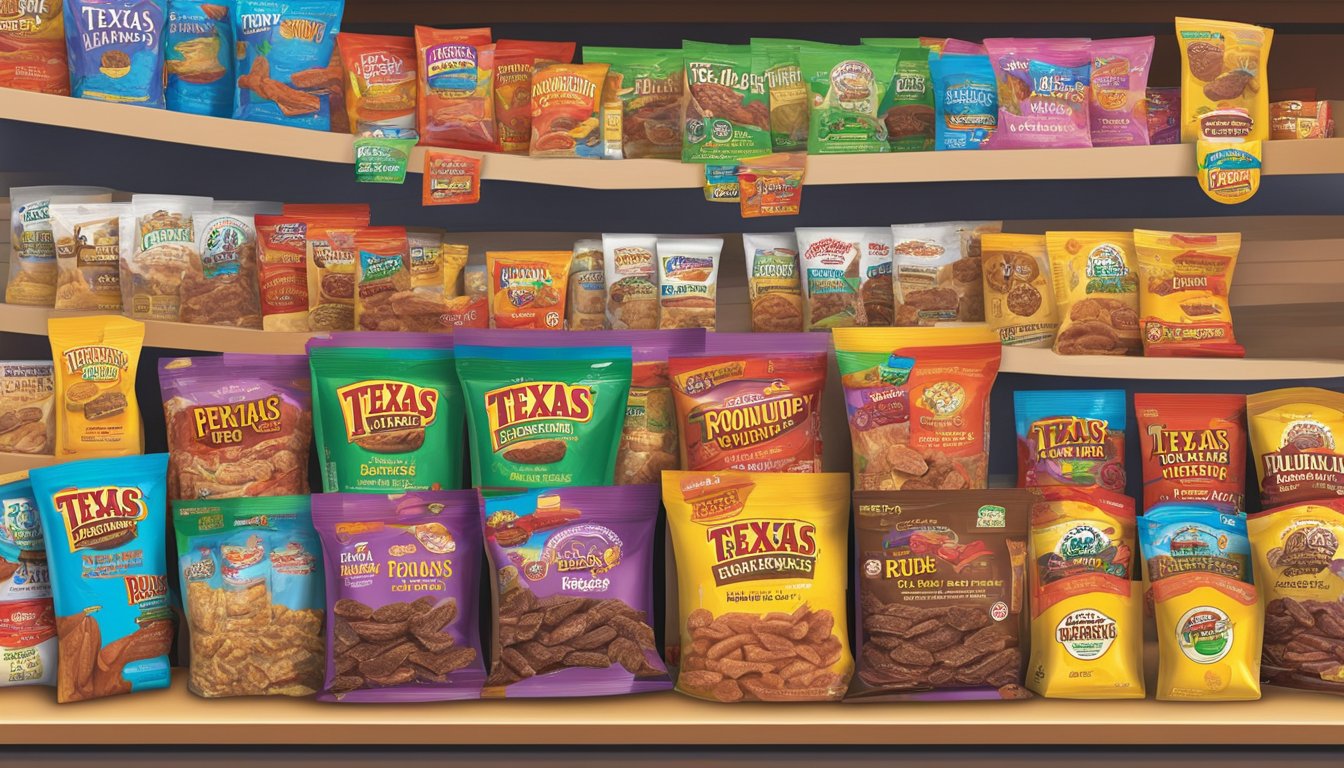 A display of Texas Roundup Jerky and other Buc-ee's products, with colorful packaging and humorous names, arranged on a shelf in a convenience store