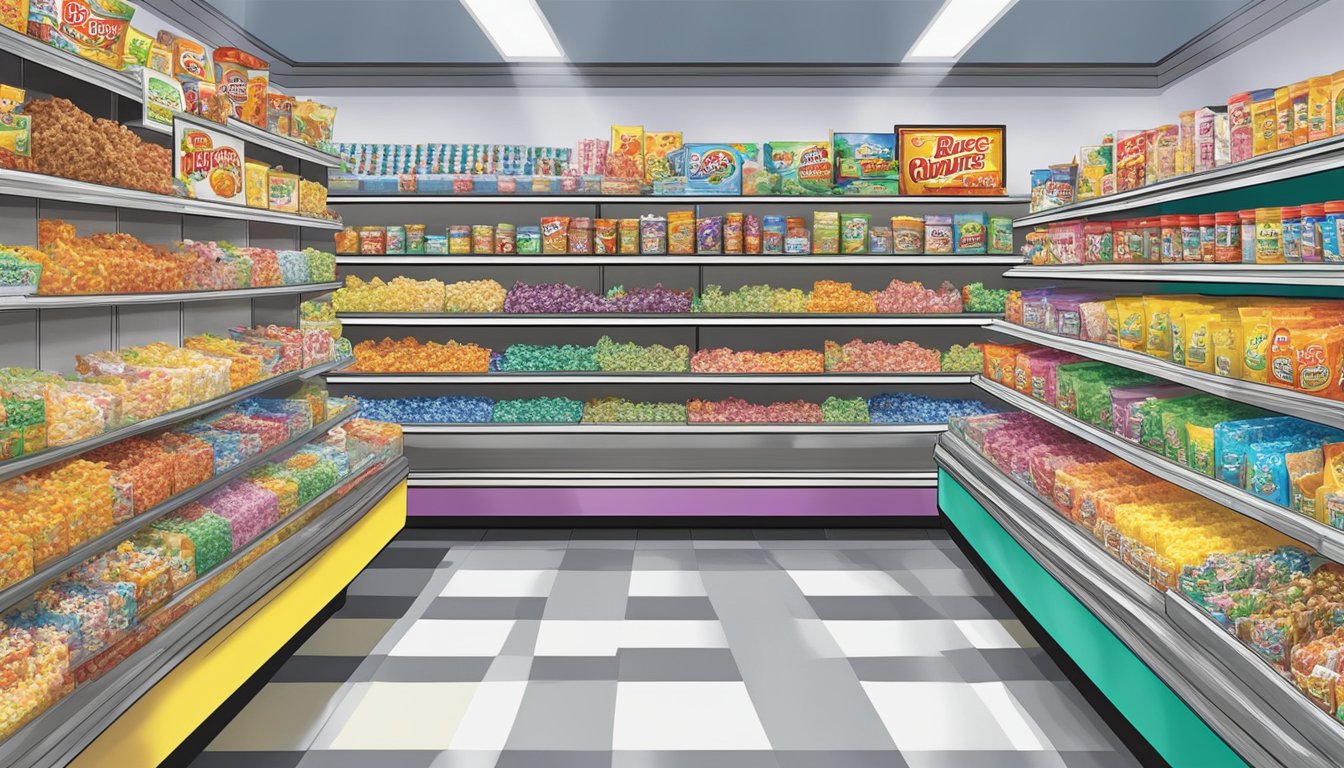 A colorful display of Buc-ee's Saltwater Taffy and various novelty items arranged on shelves in a bustling convenience store