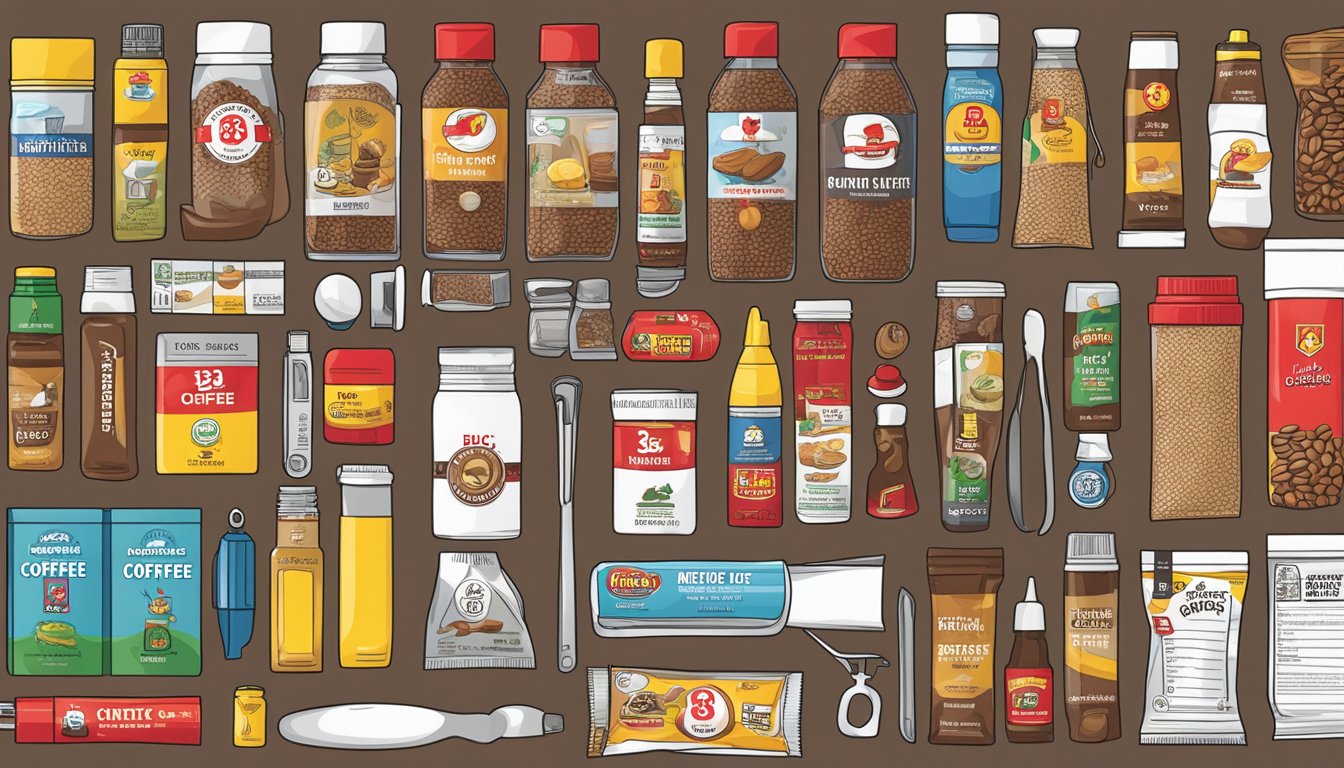 A compact emergency kit contains Buc-ee's instant coffee, along with 12 other essential items, neatly organized and ready for use