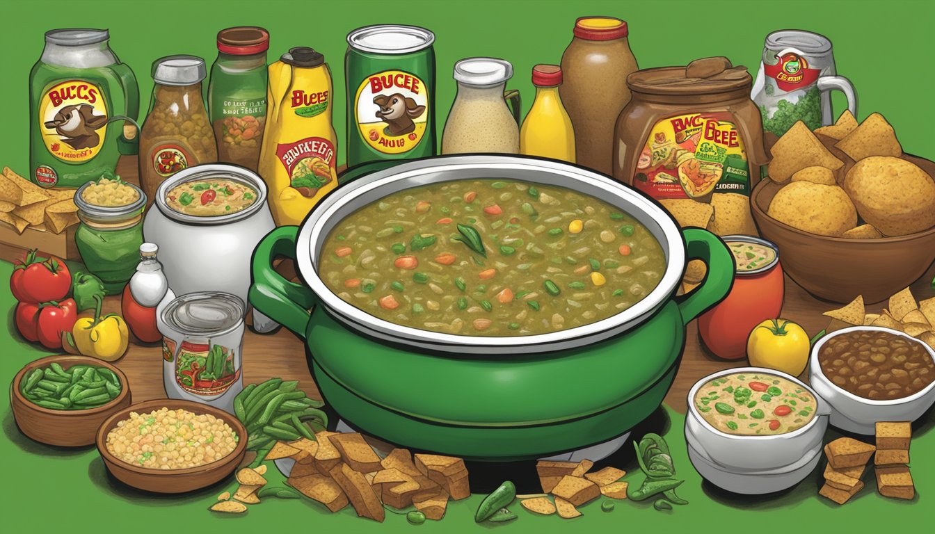 A steaming pot of Buc-ee's green chili stew surrounded by 25 quirky Buc-ee's items