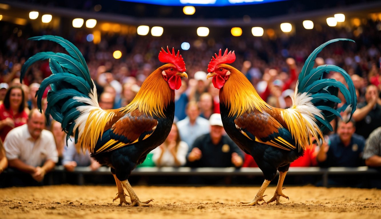 Dua ayam jantan berhadapan di arena yang ramai, dikelilingi oleh penonton yang bersorak dan lampu yang terang