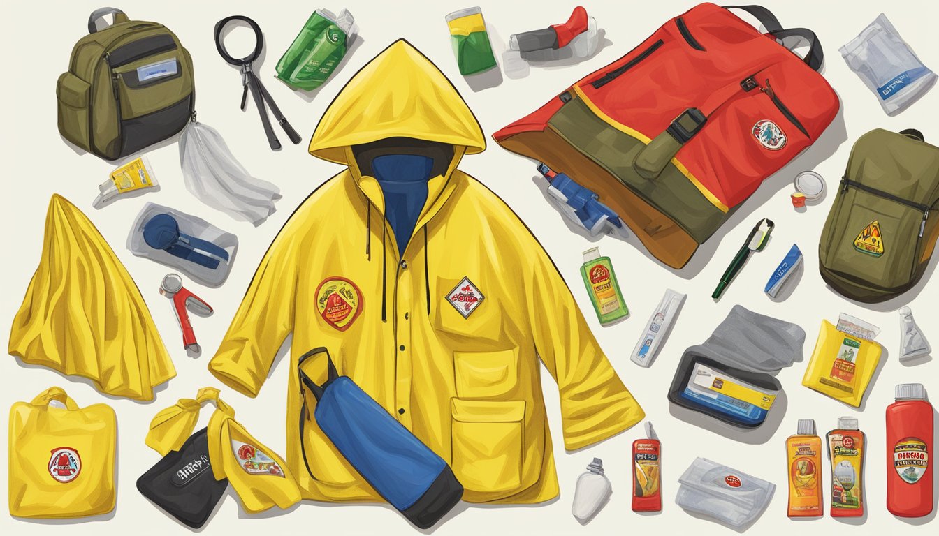 A bright yellow Buc-ee's emergency poncho surrounded by 13 essential emergency items