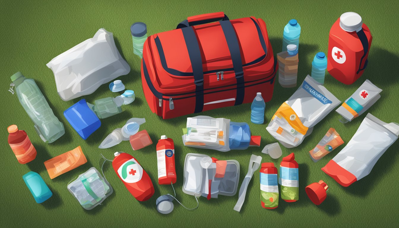 A bright red emergency kit sits open on a grassy field, surrounded by essential items like water bottles, flashlights, first aid supplies, and non-perishable food items