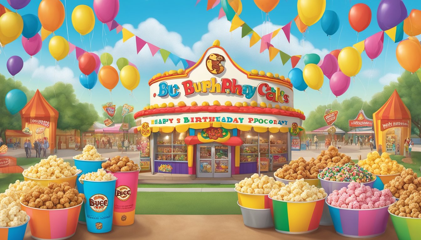 A colorful display of Buc-ee's Birthday Cake Popcorn surrounded by other quirky product names in a fun and vibrant setting