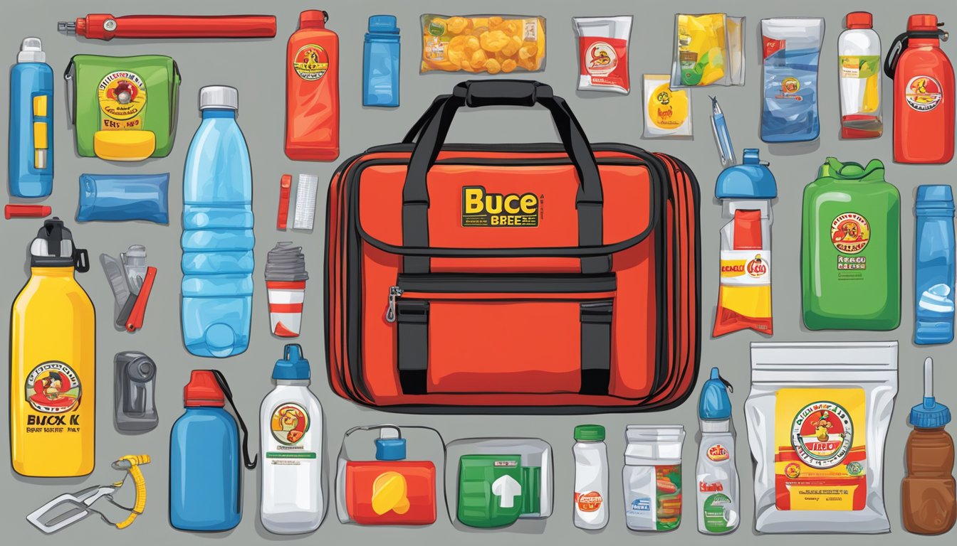 A brightly colored emergency kit containing Buc-ee's branded items such as water bottles, snacks, first aid supplies, and flashlights