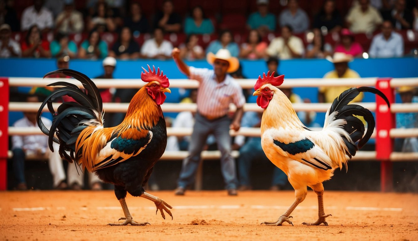 Sebuah arena yang meriah dengan ayam jantan berhadapan dalam sabung ayam resmi. Penonton bersorak di latar belakang saat pertandingan yang intens berlangsung.