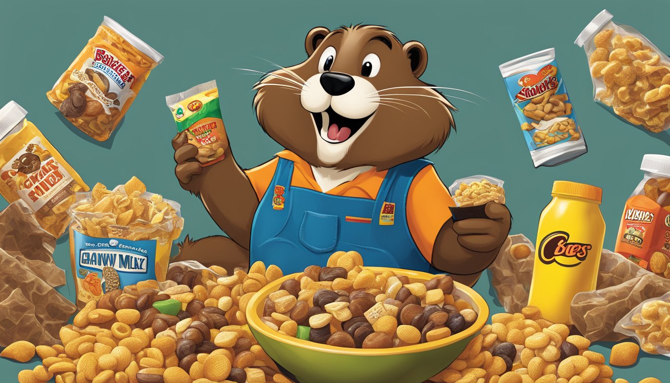 A beaver gnawing on a snack mix surrounded by comical Buc-ee's products