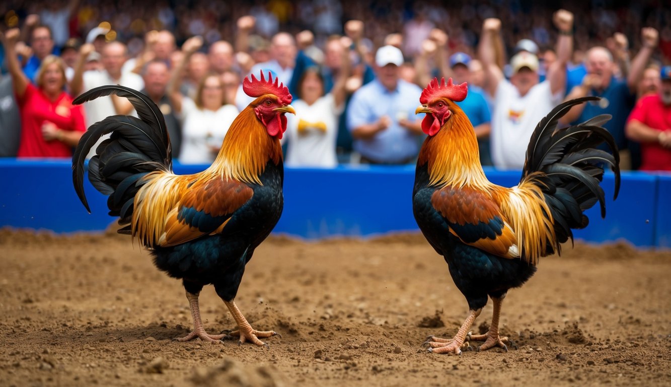 Dua ayam jantan berhadapan di dalam lubang tanah, dikelilingi oleh kerumunan yang bersorak