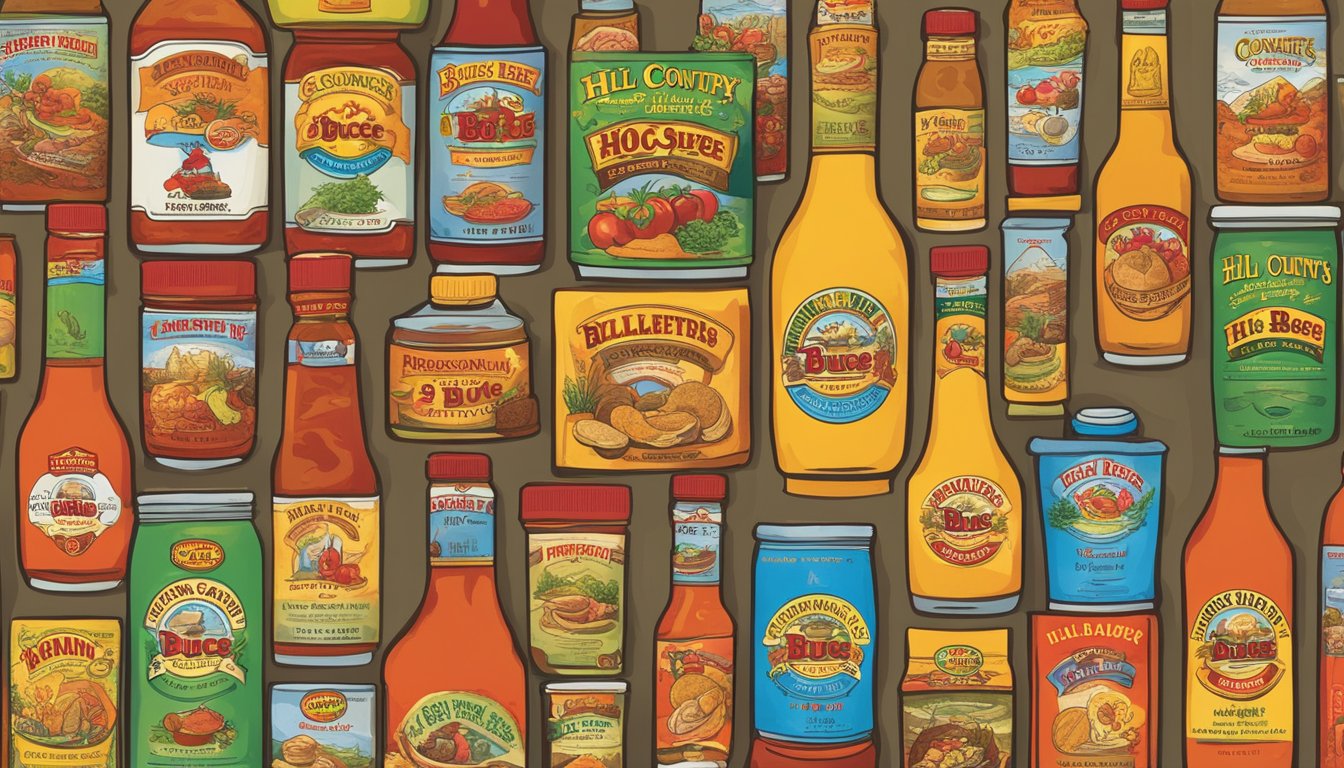 A colorful display of Hill Country Hot Sauce and Buc-ee's products, with whimsical and humorous product names