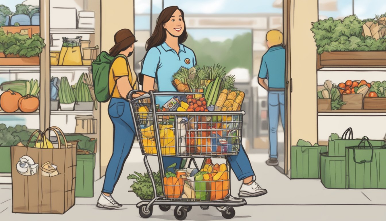 A sturdy shopping tote made from repurposed Buc-ee's bags, filled with groceries and carried by a person