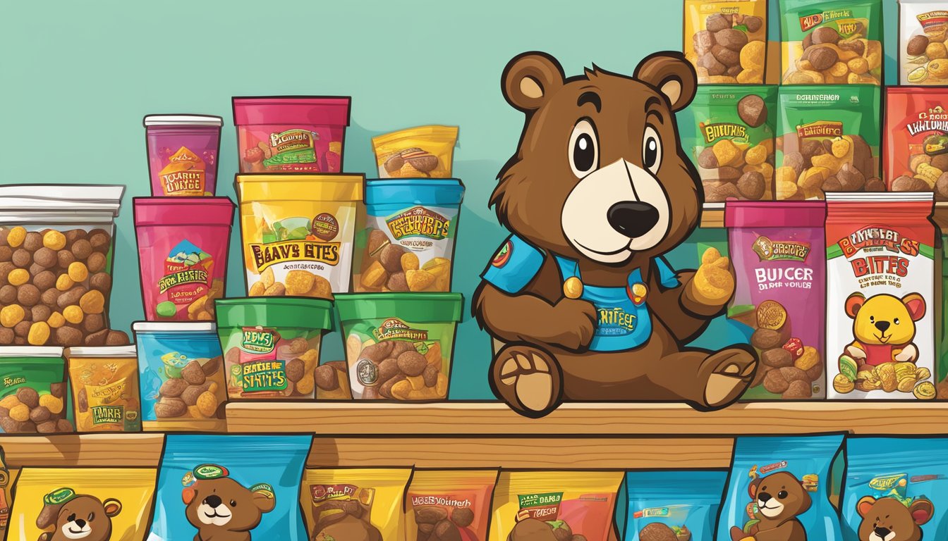 A shelf filled with comically named Buc-ee's Beaver Bites products, surrounded by colorful packaging and playful illustrations